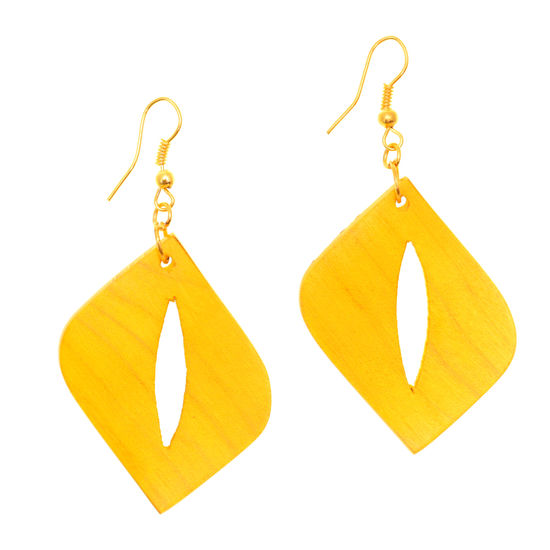 Yellow rhombs with cut-out wooden drop earrings (6.5cm length)