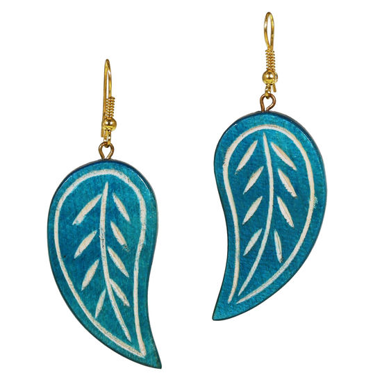 Turquoise-coloured Wooden Leaves with Engraving Drop Earrings (6cm length)