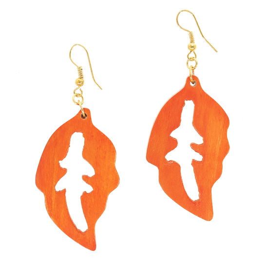 Orange Wooden Leaf-Shapes with Cut-outs Drop Earrings (7cm length)