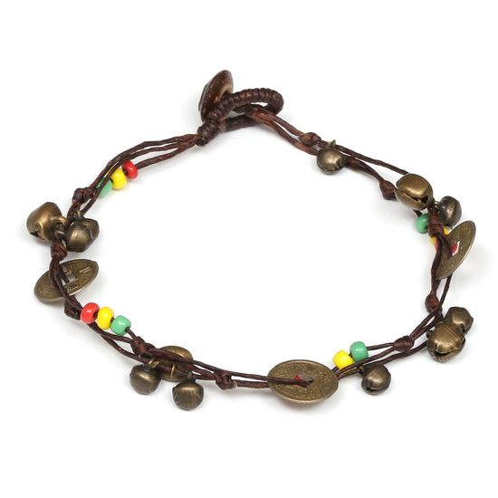 Handmade rasta bead with bell and medallion wax cord anklet