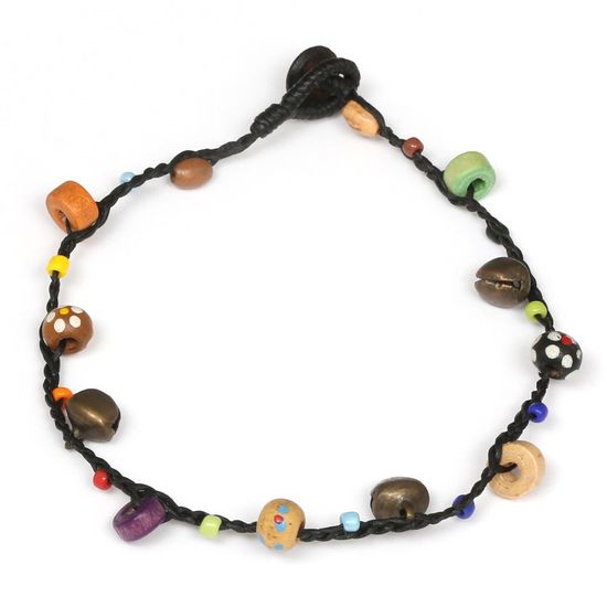 Handmade colourful wooden and seed bead with bell wax cord anklet