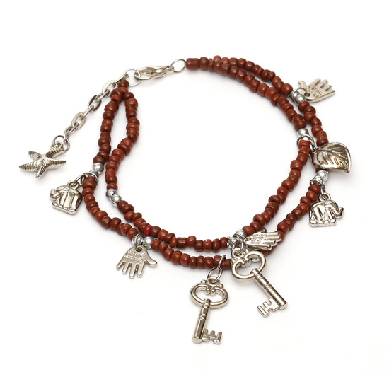 Double strand brown bead handmade anklet with silver tone charms
