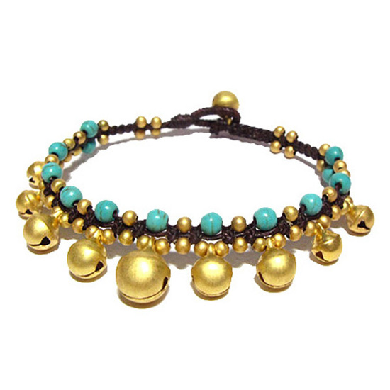 Handmade gold-tone bells and beads with turquoise stones wax cord anklet