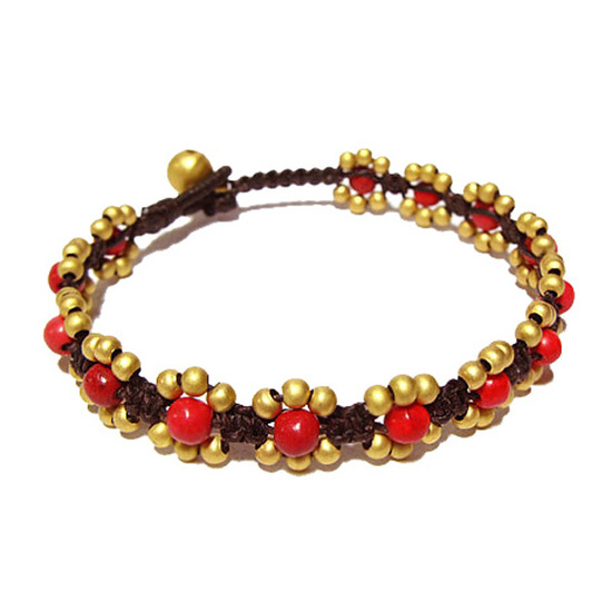 Handmade gold-tone beads and bell with red coral stones woven with waxed cord anklet
