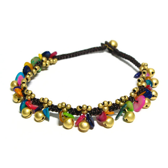 Handmade gold-tone beads and bell with multicoloured natural stones woven with waxed cord anklet