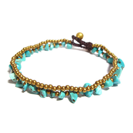 Handmade gold-tone beads with turquoise stones woven with waxed cord double strand anklet