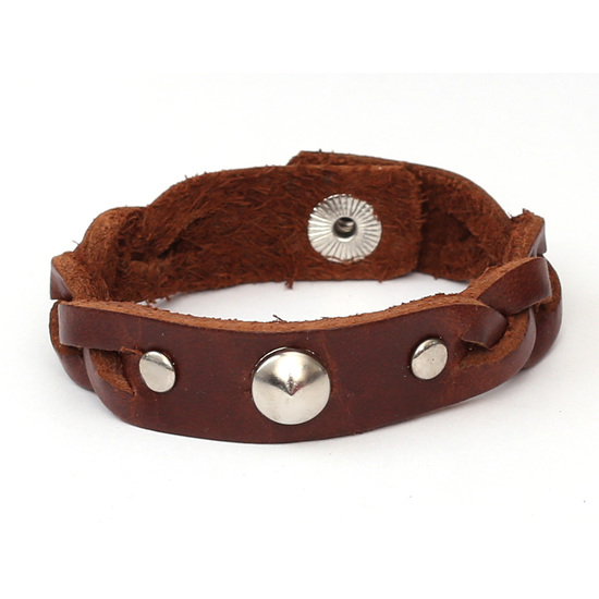 Unisex brown braided leather bracelet studded with stainless steel ideal for men and women