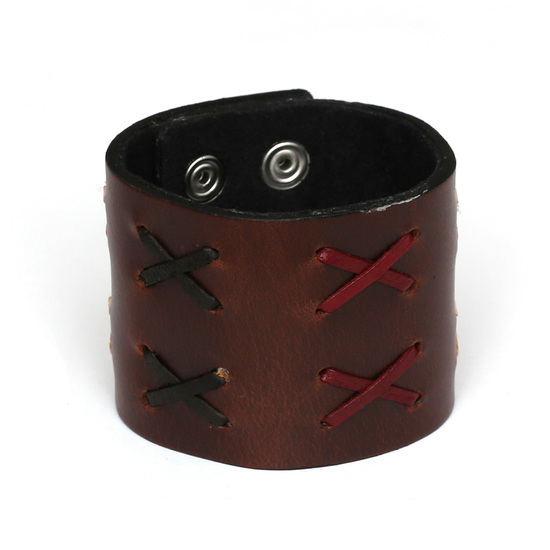 Unisex brown organic leather bracelet with cross stitch design ideal for men and women 