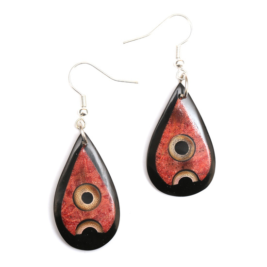 Black and red teardrop resin with shell and bamboo inlaid handmade dangle earrings