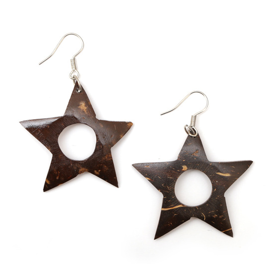Brown open star coconut shell wooden drop earrings