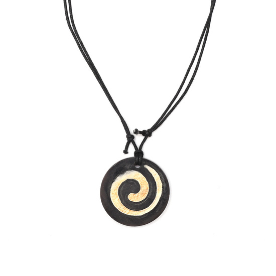 Cotton cord adjustable necklace with round spiral wooden pendant