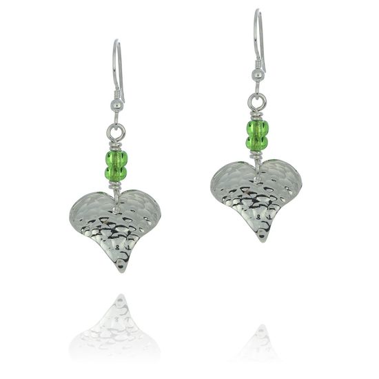 Heart Earrings with Green Glass Pearls