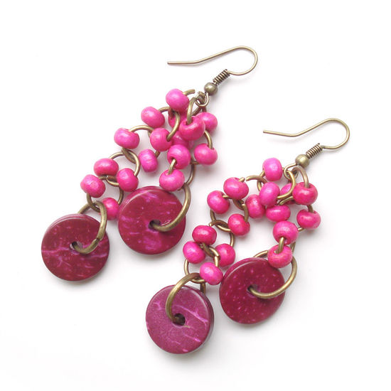 Pink wooden beads and discs chandelier earrings