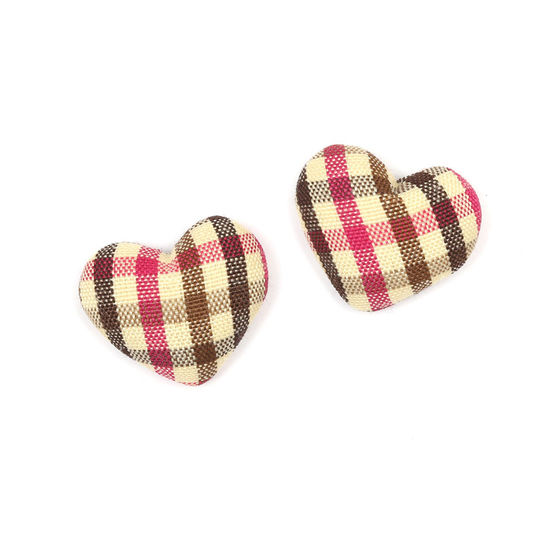 Yellow pink brown tartan fabric covered heart button clip-on earrings