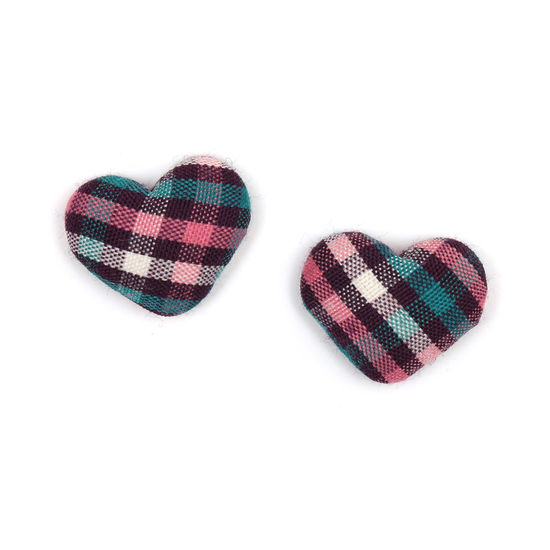 Pink green tartan fabric covered heart button clip-on earrings