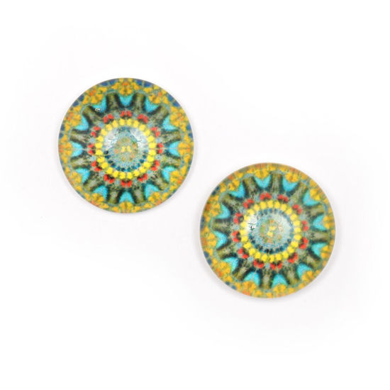 Blue and yellow geometric flower printed glass round button clip-on earrings