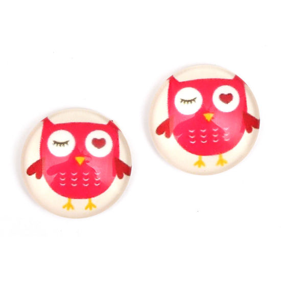 Pink owl on white glass button with gold-tone...