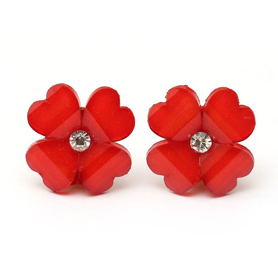 Red crystal effect and rhinestone four leaf clover flower with gold-tone clip earrings