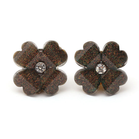 Black four leaf clover flower with brown crystal effect and rhinestone with gold-tone clip earrings