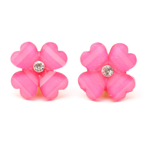 Fuchsia crystal effect and rhinestone four leaf clover flower with gold-tone clip earrings