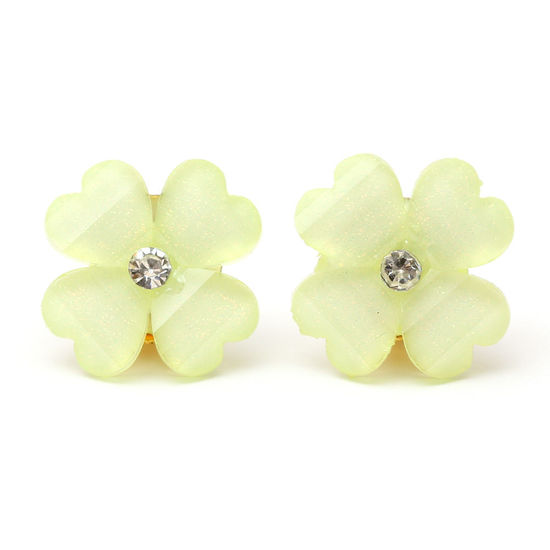 Chartreuse green crystal effect and rhinestone four leaf clover flower with gold-tone clip earrings