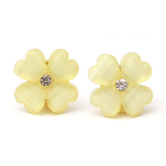 Yellow crystal effect and rhinestone four leaf clover flower with gold-tone clip earrings
