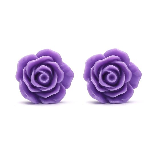 Blue Violet rose flower clip on earrings