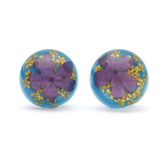 Purple Real Flower Dome Resin Clip On Earrings