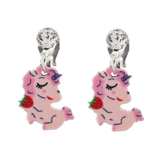 Pink Unicorn With Strawberry Drop Clip On Earrings