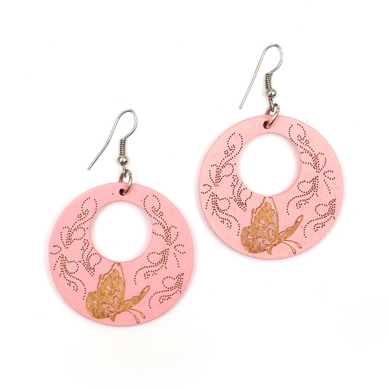 Light pink brown butterfly motif engraved wooden round dangle earrings