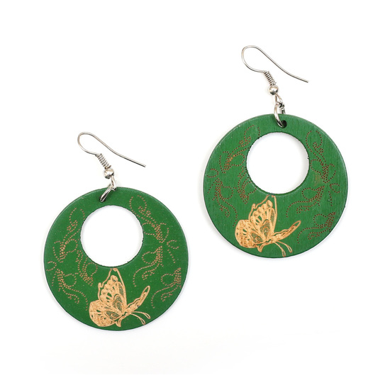 Green butterfly motif engraved wooden round dangle earrings