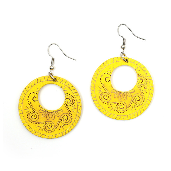 Yellow tribal motif engraved wooden round dangle earrings