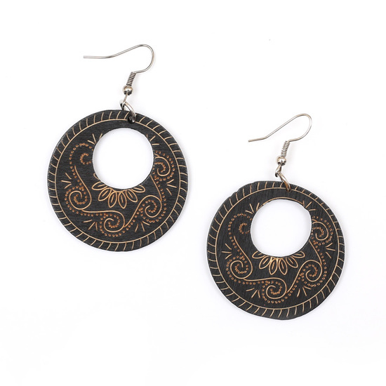 Black tribal motif engraved wooden round dangle earrings