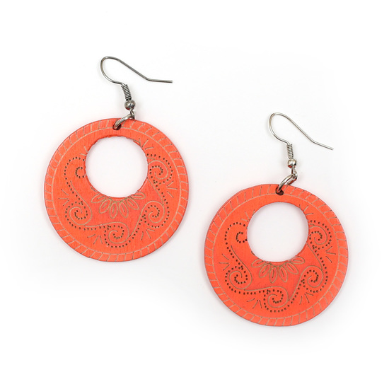 Orange tribal motif engraved wooden round dangle earrings