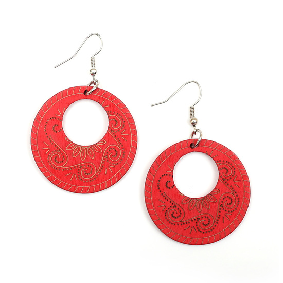 Red tribal motif engraved wooden round dangle earrings