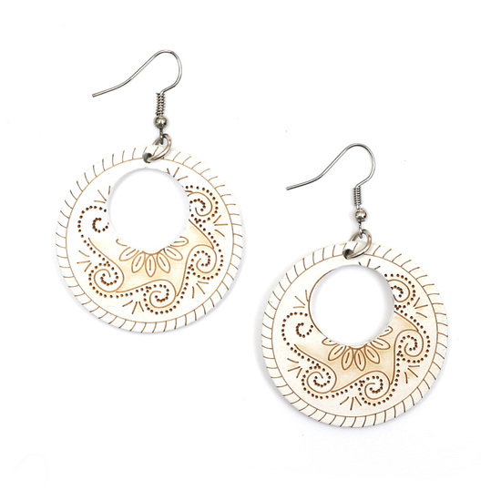 White tribal motif engraved wooden round dangle earrings