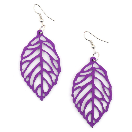 Purple leaf cut out design wooden dangle earrings