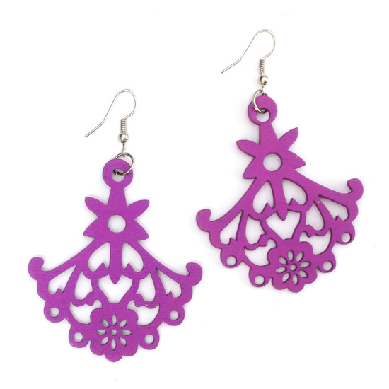 Purple floral chandelier cut out design wooden dangle earrings