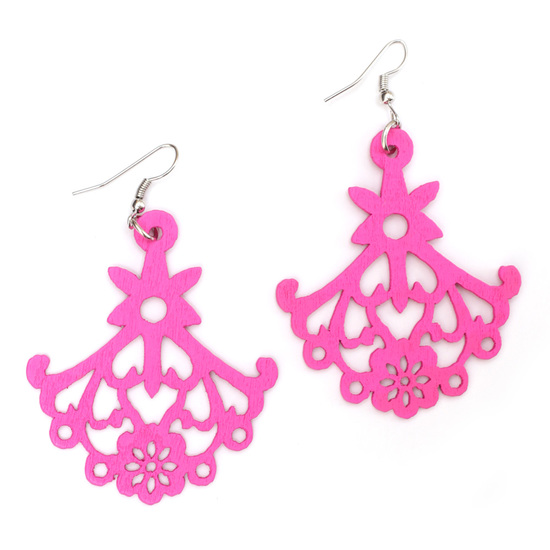 Pink floral chandelier cut out design wooden dangle earrings