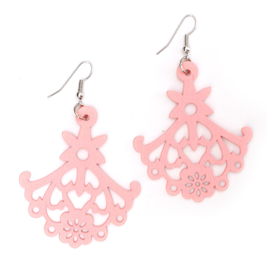 Light pink floral chandelier cut out design wooden dangle earrings
