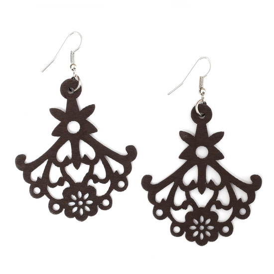 Dark brown floral chandelier cut out design wooden dangle earrings