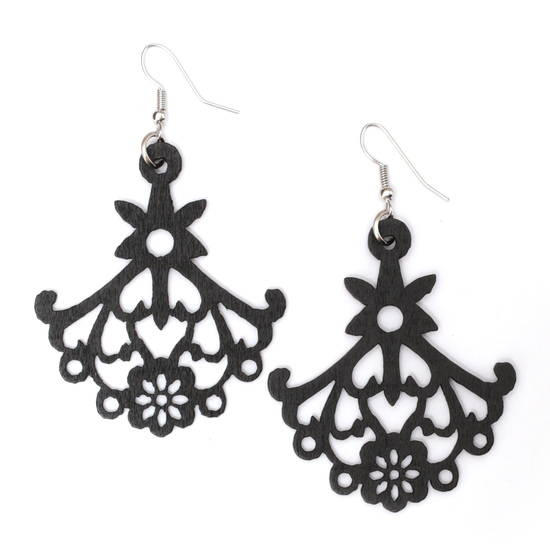 Black floral chandelier cut out design wooden dangle earrings