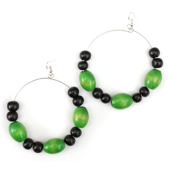 Green and black Abacus wood bead hoop drop earrings