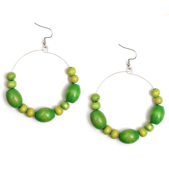 Green Abacus wood bead hoop drop earrings