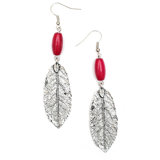 Camellia wooden bead with antique silver look leaf drop earrings