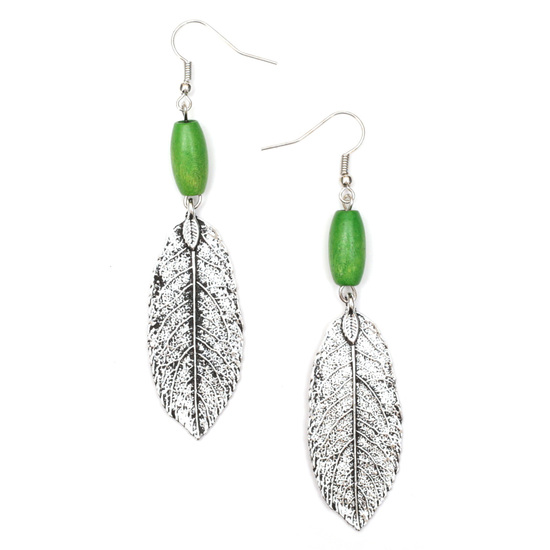 Green wooden bead with antique silver look leaf drop earrings