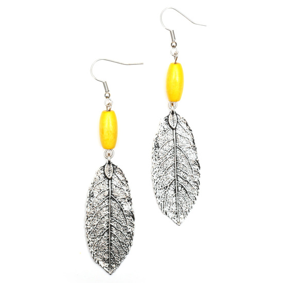 Yellow wooden bead with antique silver look leaf drop earrings