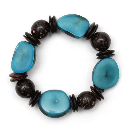 Elastisches Armband mit blau-gefärbten Tagua Scheiben und Kokosnussperlen und -scheiben