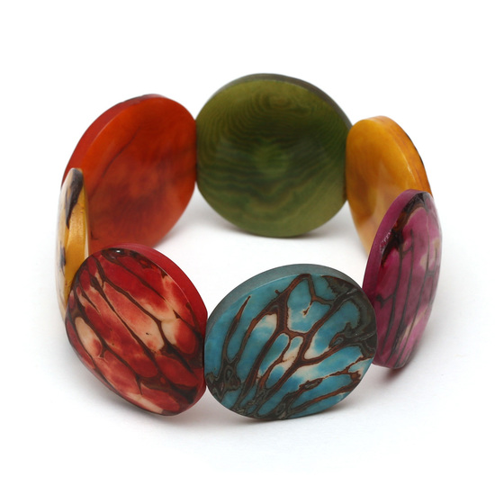 Rainbow colourful Tagua (vegetable ivory)  disc elasticated bracelet