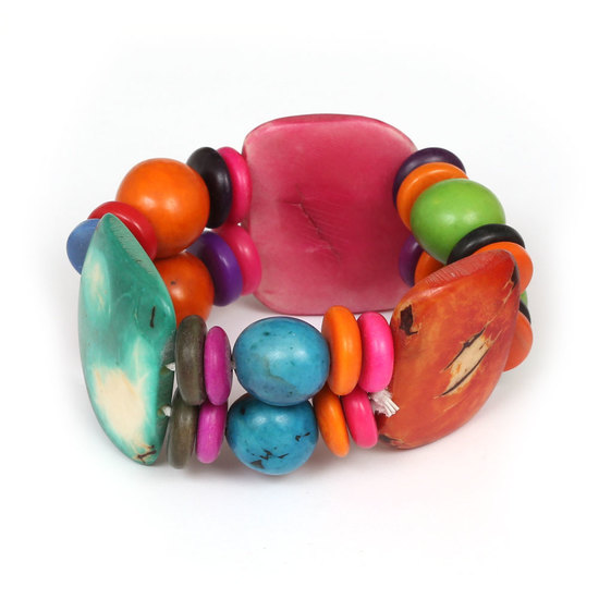 Handmade multicoloured rainbow Tagua nut, round beads and irregular shaped composite elastic bracelet 